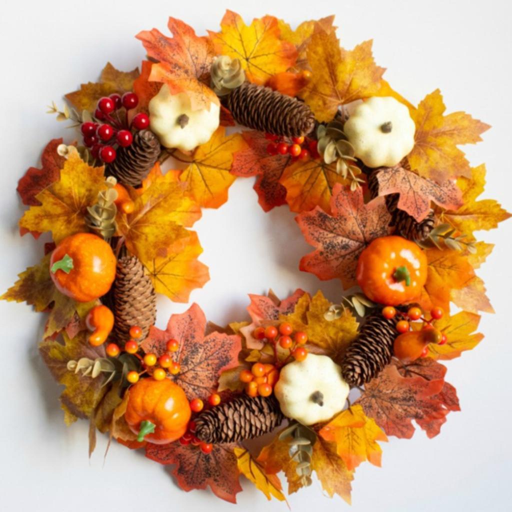Artificial Wreath Garland Rattan Frame  Festival Pumpkin Maple Leaf  Fall Holiday Decoration