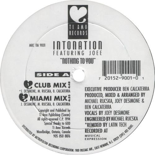 

12inch Record INTONATION 2 JOE Nothing To You MRCTIA9001 Ti Amo Records 1994 US Dance Electronica Used