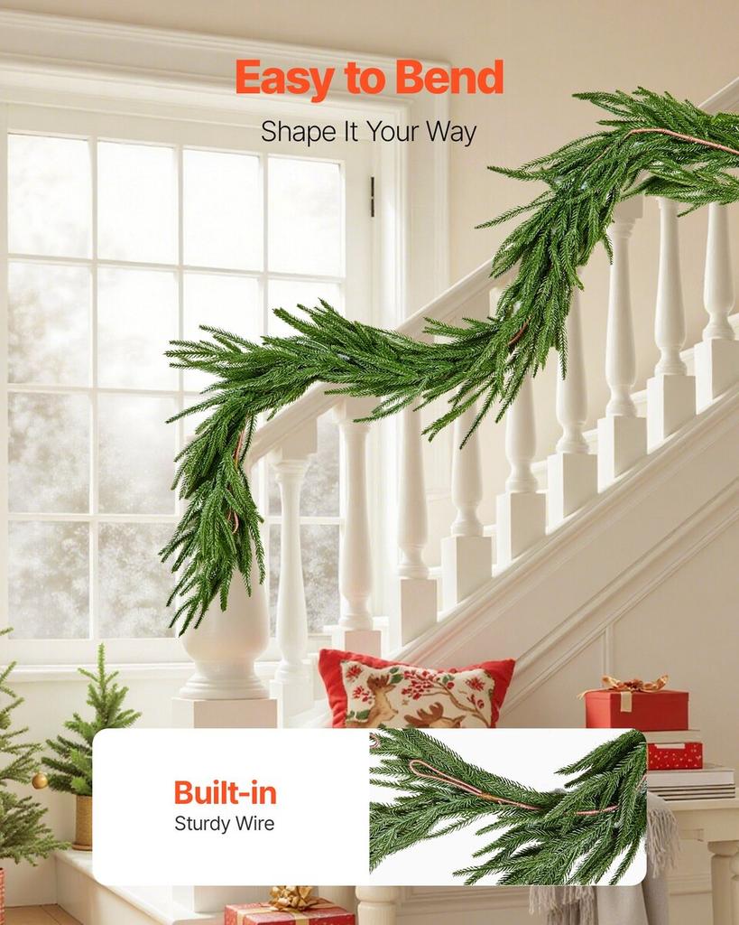 Christmas Garland, 1828 mm Realistic Norfolk Pine Garland, Evergreen Real Touch Artificial Faux Greenery Garlands, for Holiday Indoor Outdoor Xmas