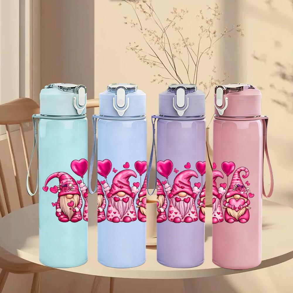 1PC Pink Love Heart Bow Decoration Print 750ml Color Plastic Sports Water Bottle Leakproof Flip Straw Lid Suitable for Sports Office Home Use