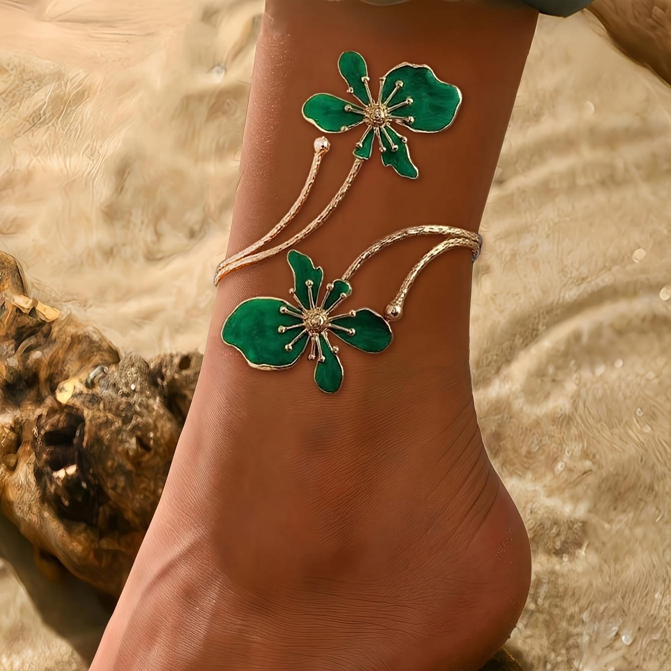 

1PC Stylish Personality Elegant Geometric Lines Three-dimensional Dripping Flower Adjustable Anklet, Daily зелений