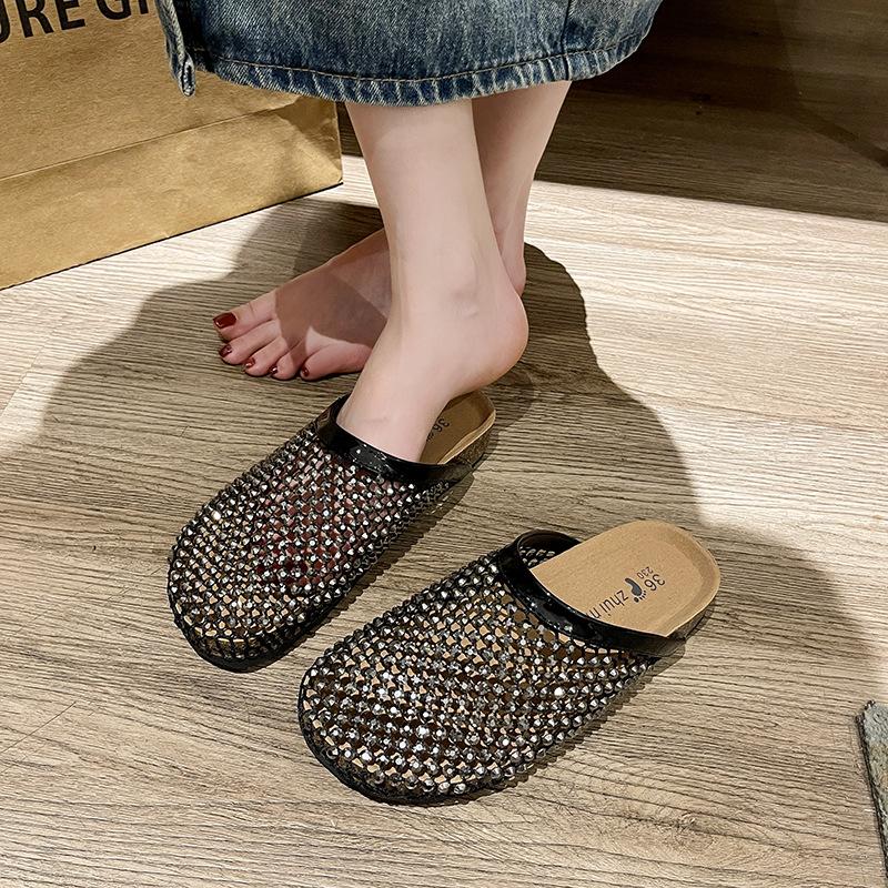 2025 new nylon fishing net full diamond flat bottom cool slippers summer cool outer wear bag head half drag