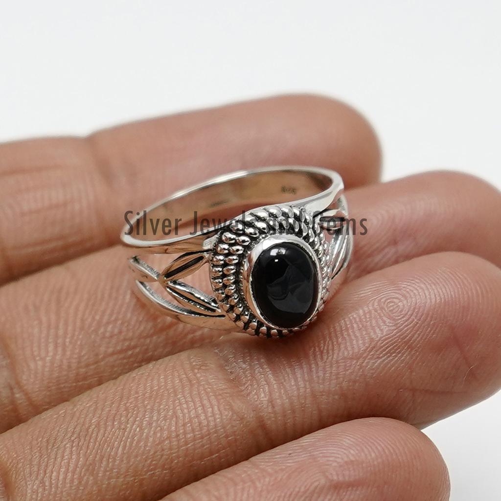 Black Onyx 925 Sterling Silver Ring, Handmade Boho Gemstone Ring