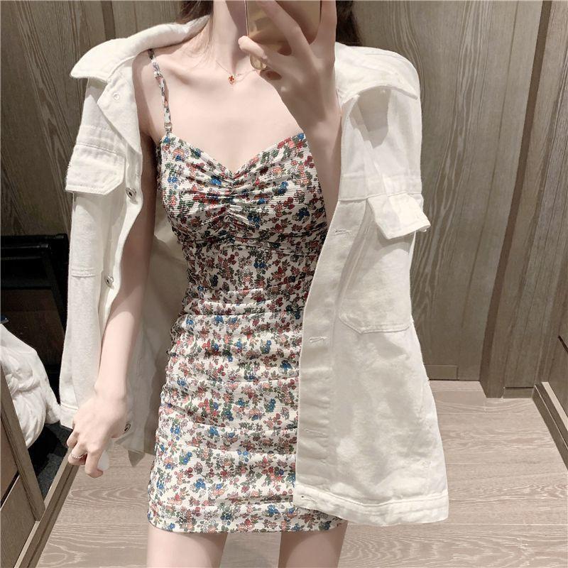 Summer Retro Temperament Small Slim and Thin Hip Skirt Women's New Sexy Suspender Floral Dress