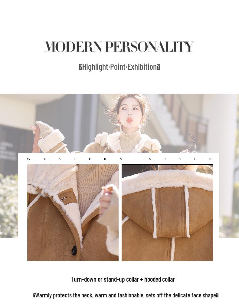 Women's Luxury Suede Lambswool Hooded Coat - Winter 2024 Thickened Cotton Jacket