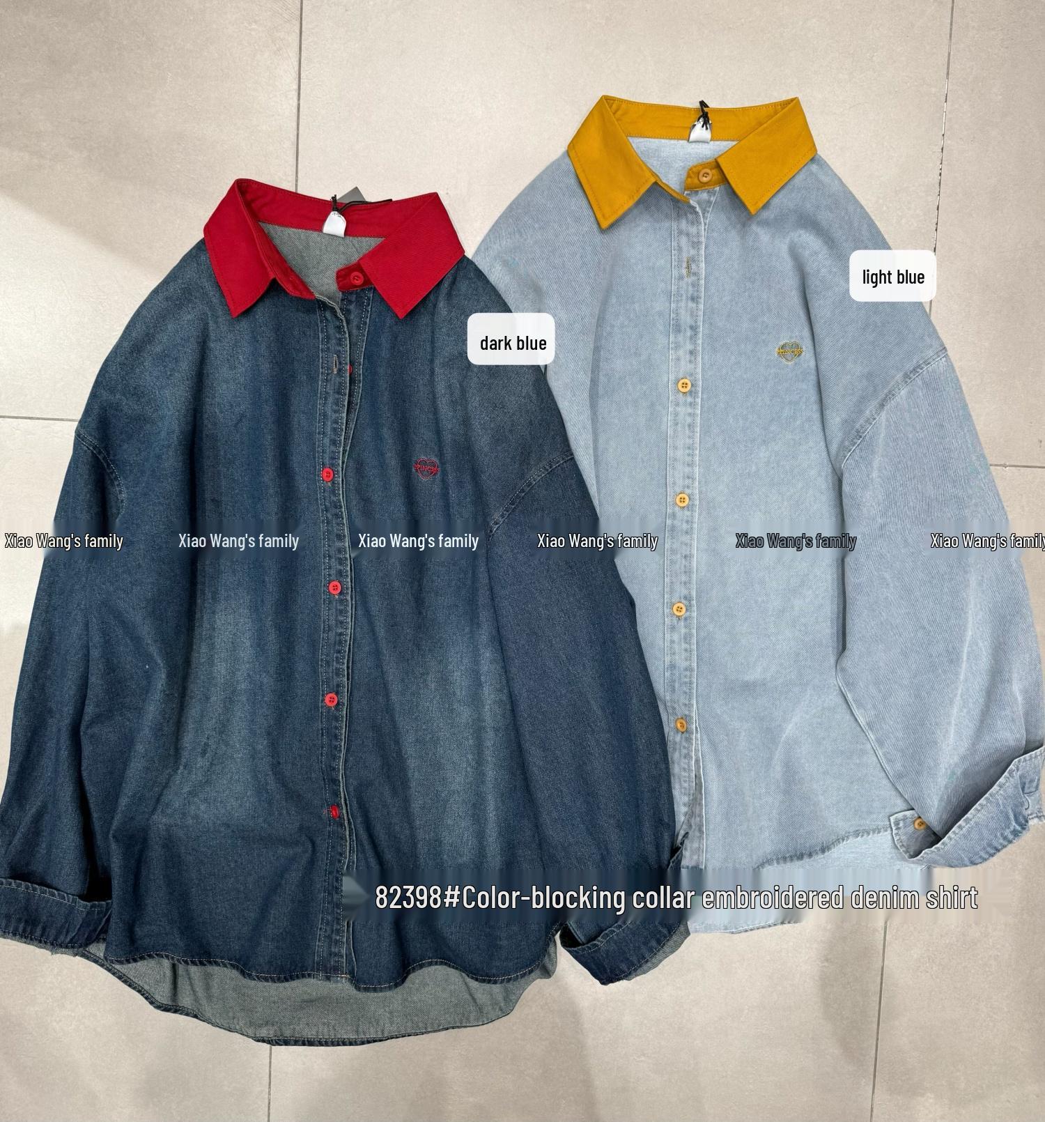 Xiao Wang s Women s Plus Size Korean Style Casual Color Block Embroidered Denim Shirt One Size светло-синий
