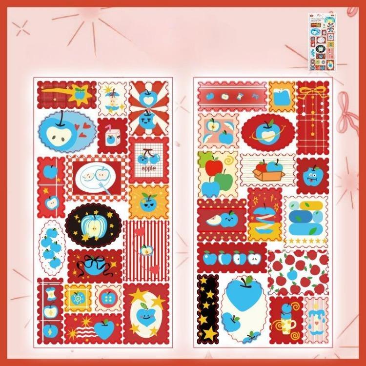 Vintage Stamp Stickers Cute Cartoon Apple Themed Retro Design Decal for Journal DIY Decoration for Phone Case Scrapbooking