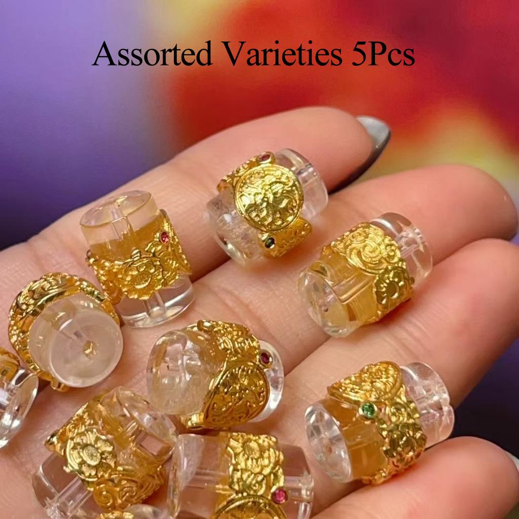 5Pcs, Energy Natural Stone Crystal Clear Quartz Beads with Golden Edged Accents, Handcrafted Lotus Bucket Shape Beads for Jewelry Making DIY Crafts
