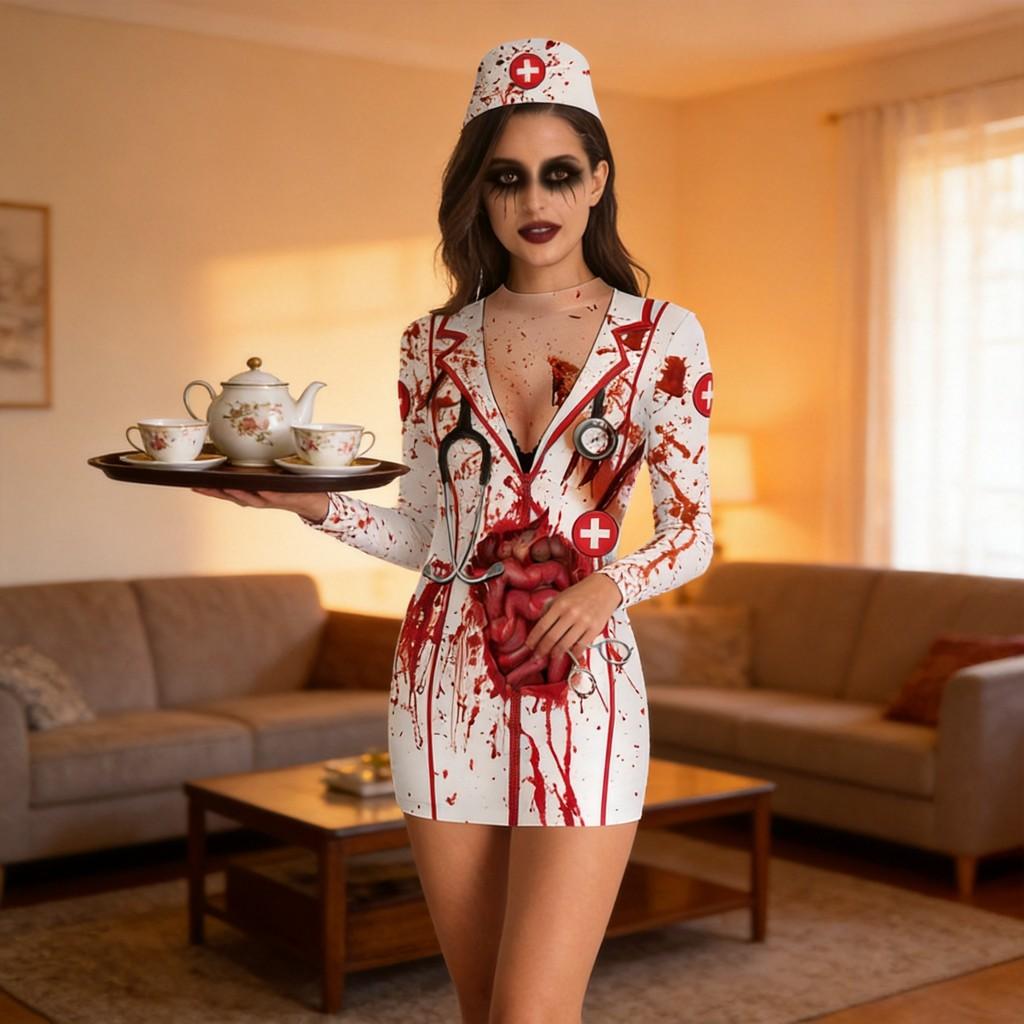 Halloween Nurse Costume Dress With Printed Pattern For Cosplay Parties