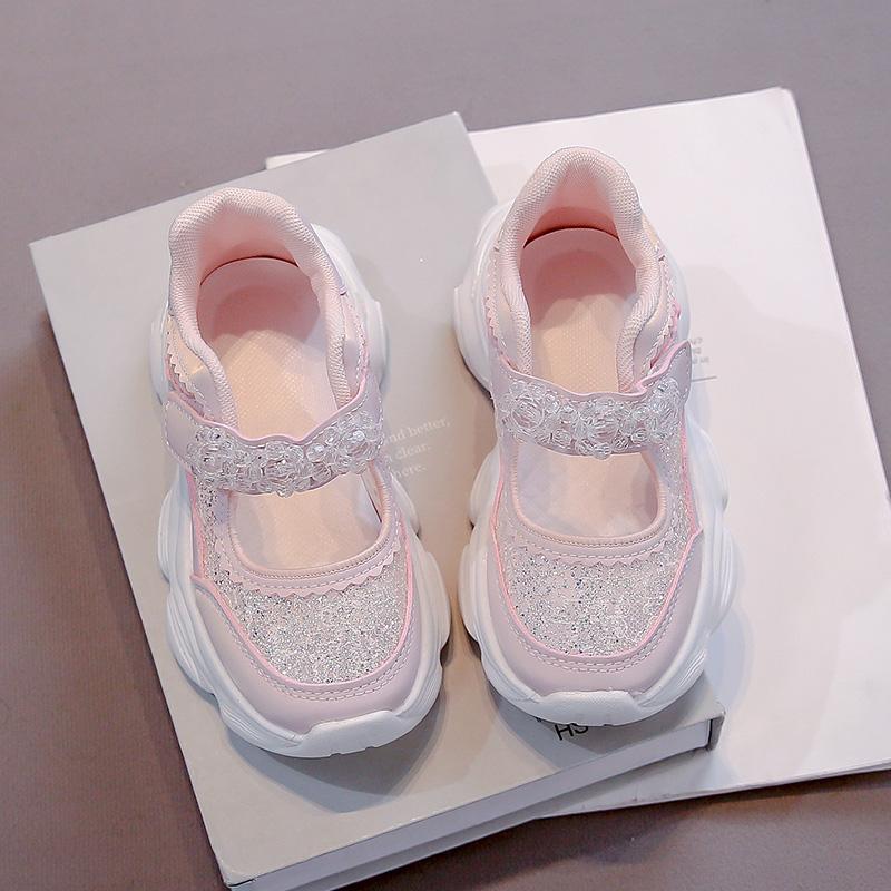 Girls Sports Shoes Shiny Sequin Kids Running Shoes with Sweet Beading Non-slip 2025 Summer New Children Princess Shoes Soft Sole