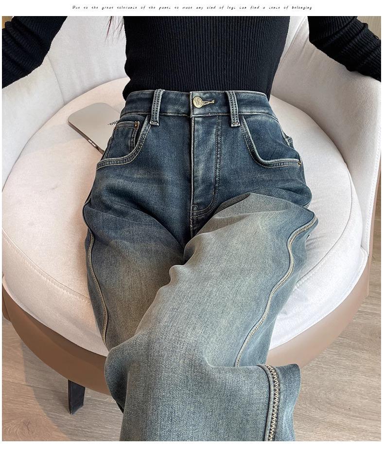 Dámské plyšové džíny s vysokým pasem a širokými nohavicemi - Zimní 2024 Retro rovné kalhoty