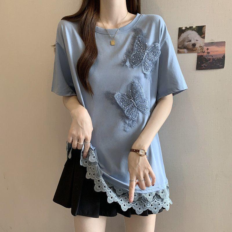 

Женские декоративные футболки с бабочками однотонные нежные женские пуловеры с кружевной отделкой летние повседневные женские футболки с круглым вырезом 2XL