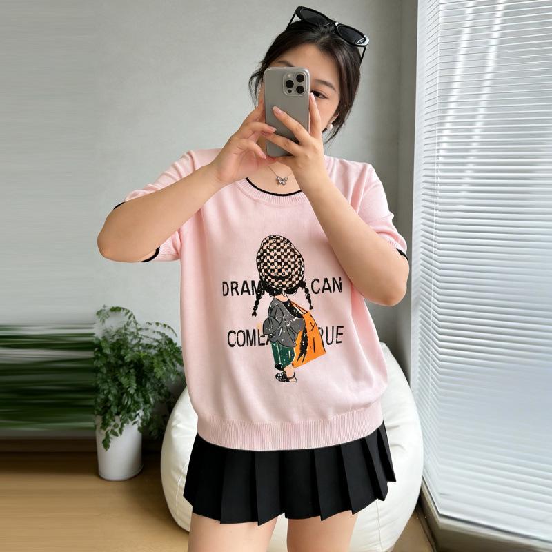 2026 Plus Size Women's Ice Silk Knit Print T-Shirt - Spring/Summer Collection, Loose Fit, Slimming, Short Sleeve