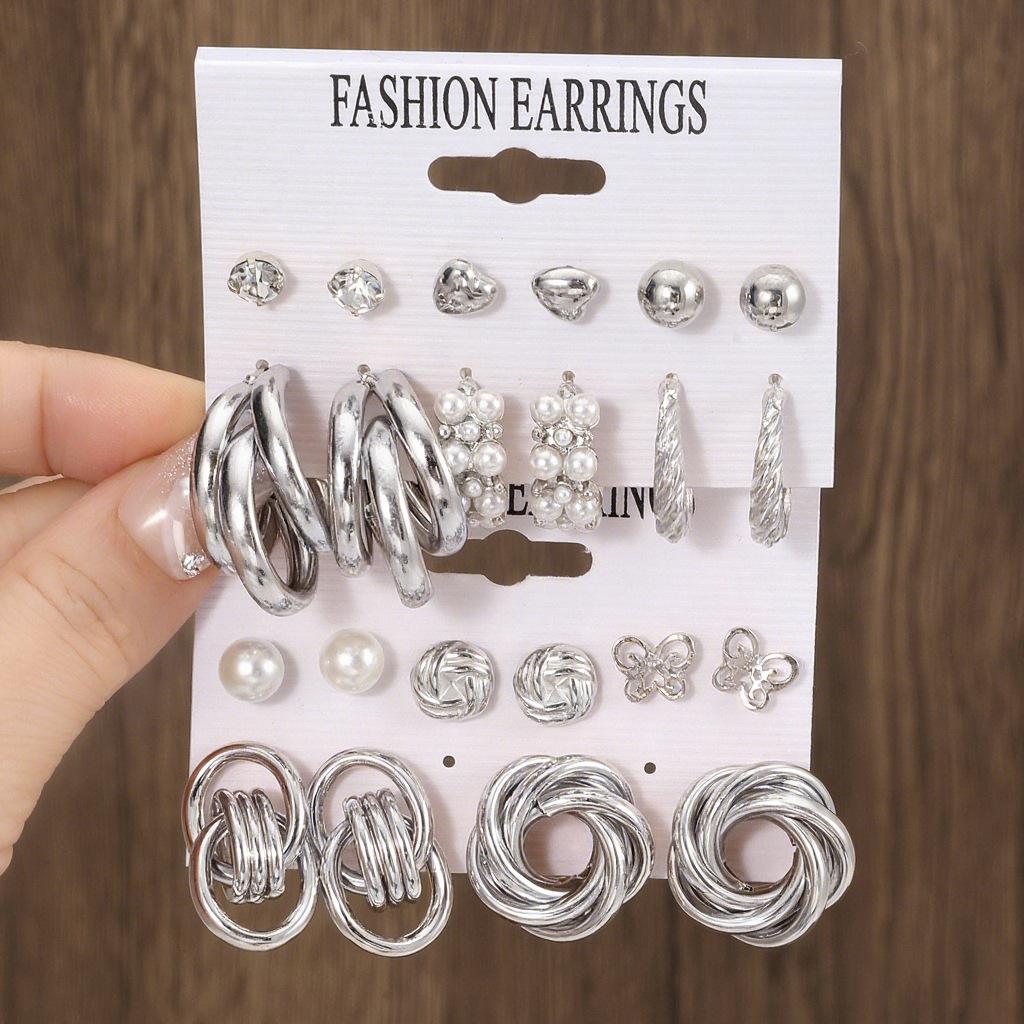 European and American metal earrings square geometric earrings retro pearl earrings ins wind earrings set