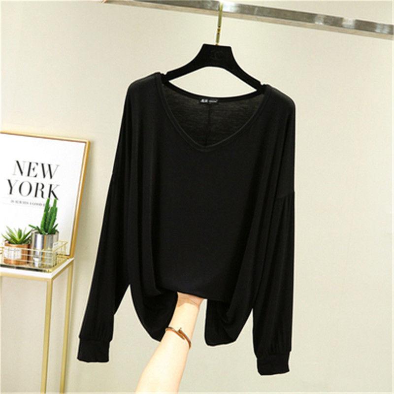 Slim Long Sleeve Bottom Shirt Solid Large Fit Versatile V-neck Top Spring and Summer