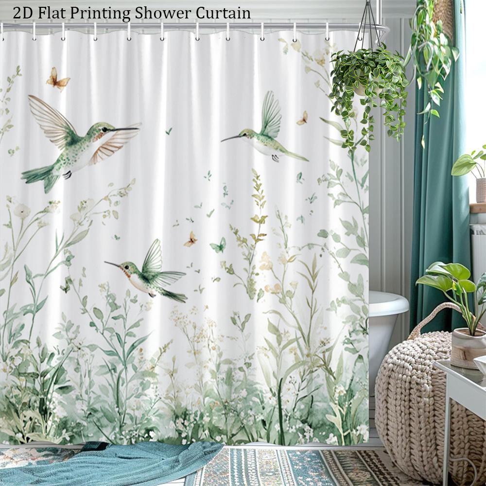 

Spring Hummingbird Shower Curtain Watercolor Birds And Flowers Print Polyester Bath Curtain With 12 Hooks For Nature Decor W60H190(CM)-1 Pcs