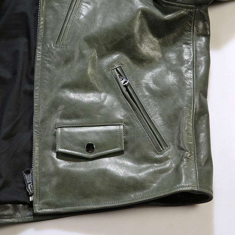 Chaqueta de moto de cuero caqui para hombre - Estilo Venom, cuello alto, piel de vaca