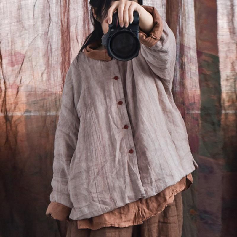 Johnature Women Vintage Parkas O-Neck Long Sleeve Solid Color Spring Coats Button Plus Cotton Chinese Style Parkas