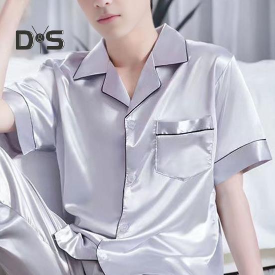 2 Teile/satz Männer Pyjamas Set Revers Kurzarm Knöpfe Knopfleiste Hemd Elastische Taille Breites Bein Lange Hosen Set Lose Fit Nachtwäsche