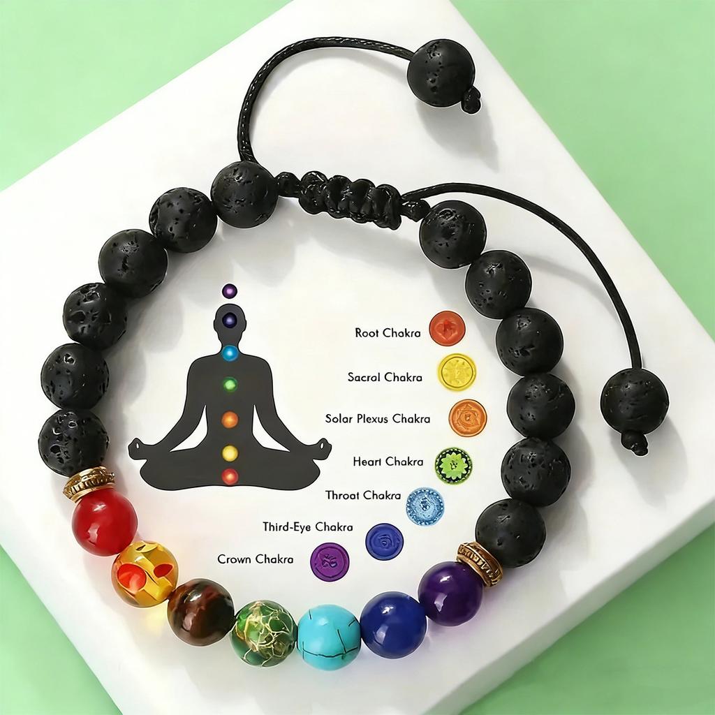 Pulseira de fio, pulseira trançada de pedra vulcânica arco-íris, pulseira de contas de pedra de energia yoga de sete pulsos, presente de Natal, presente de Dia dos Namorados