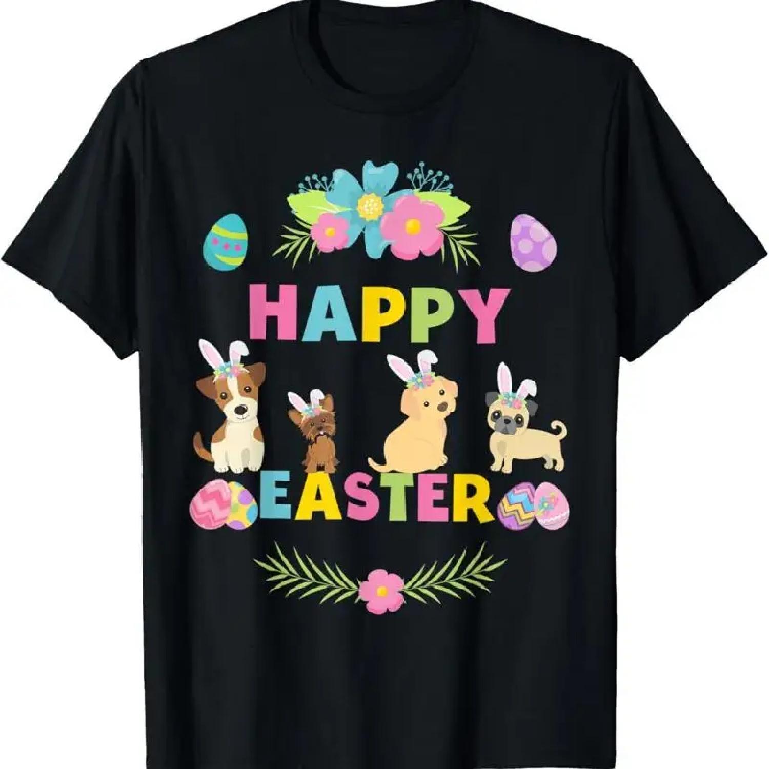 Easter Floral Dogs With Bunny Ears And Eggs Cute Puppy T Shirt S