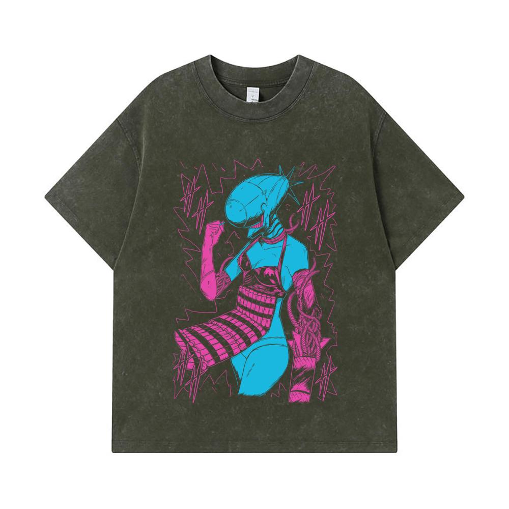 275 GSM Washed T-shirts 100% Cotton Chainsaw Man V12 Reze Print Unisex Heavy Cotton T Shirt