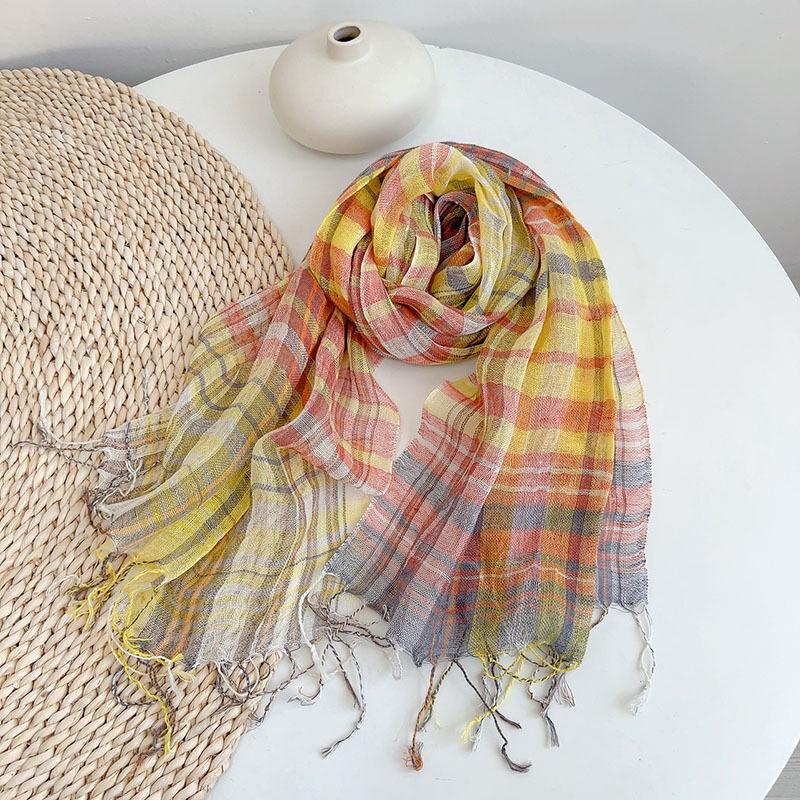 100% Natural Linen Woman Scarf Hijab Shawls Breathable Latticed Colorful Scarves With Tassels