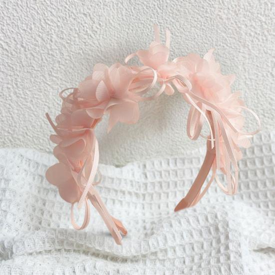 Soft Yarn Headband with Gauze Flowers Faux Pearls Decor Romantic