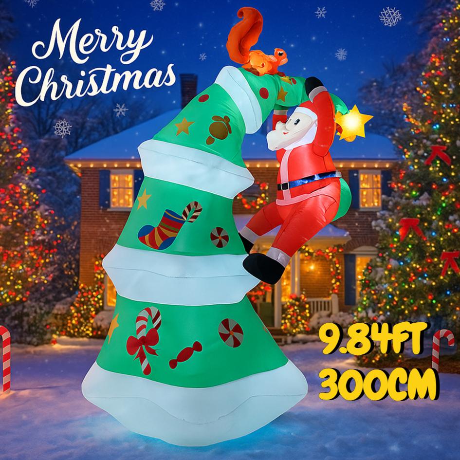 9.84FT Inflatable Santa Climb Xmas Tree Squirrel Toy Yard Party Decor Festive Gift LED Lit Christmas Supplies for Home Ornament