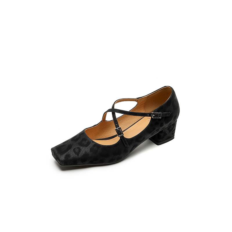 Krazing Pot Full Grain Leather Fashion Spring Autumn Med Heels Women Square Toe Buckle Straps Shoes Leopard Shallow Pumps