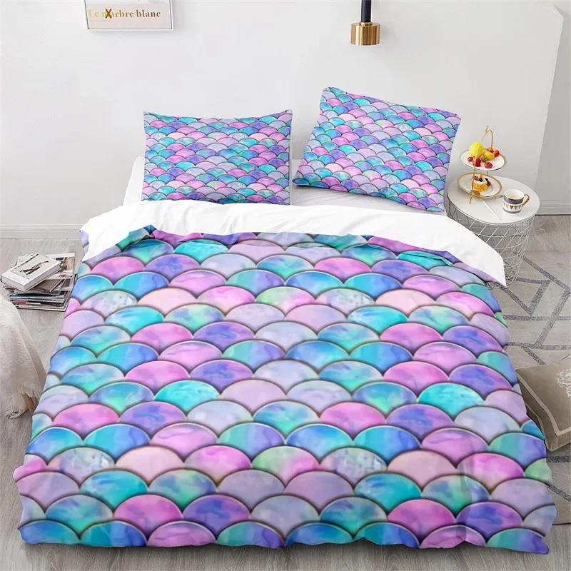 Colorful Fish Scales Bedding Set Twin King For Kids Girl Blue Pink Mermaid Skin Surface Print Duvet Cover Polyester Quilt Cover