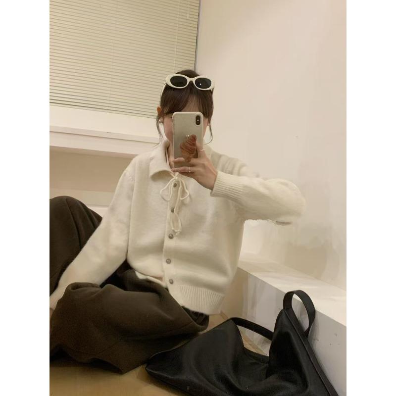 Early spring atmosphere sweet lace-up single-breasted loose knitted coat women's long-sleeved simple solid-color coat