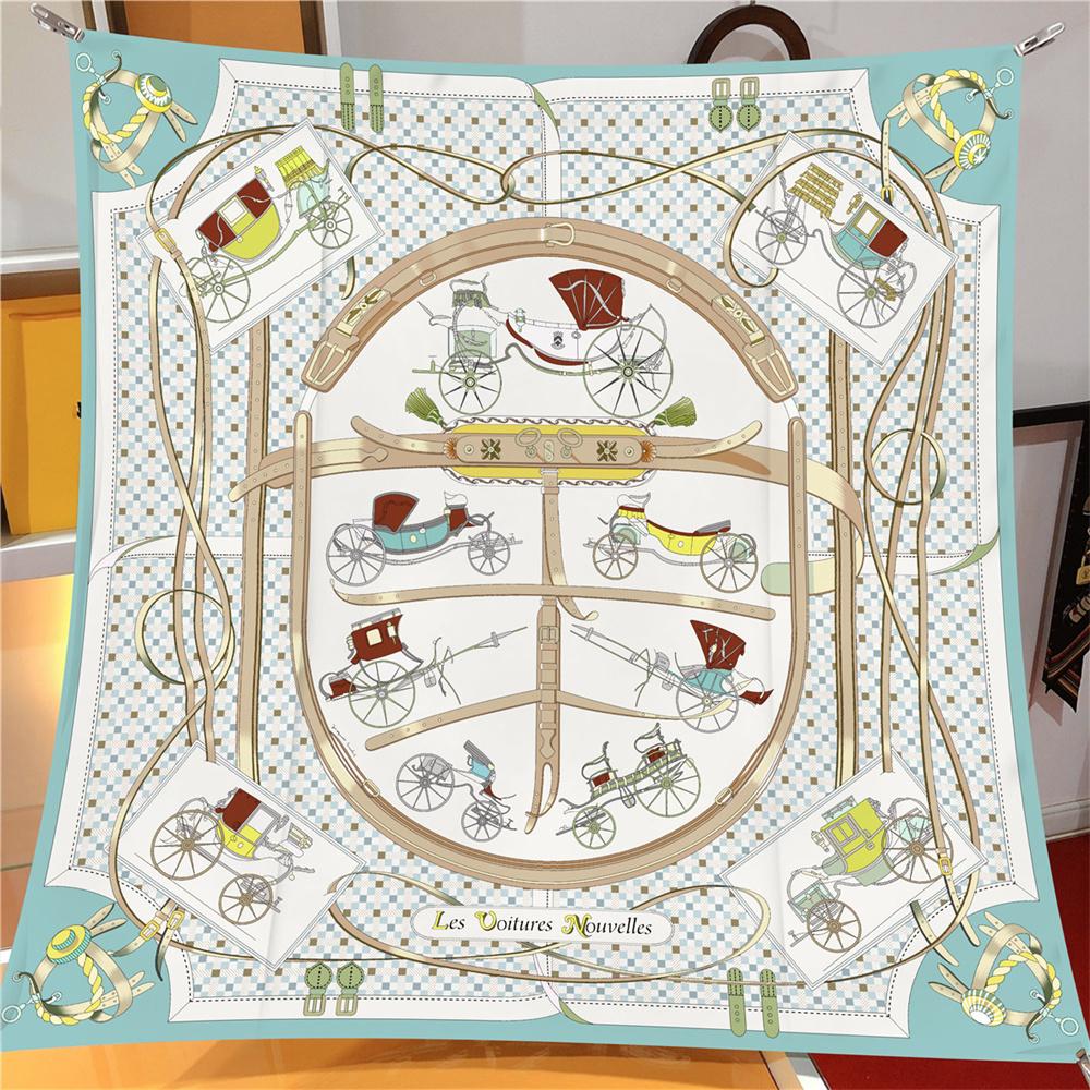 Silk Scarf Women Carriage Print Square Scarves Head Echarpes Silk Foulards Femme Wraps Beach Shawls Bandana Lady Hijabs 90CM