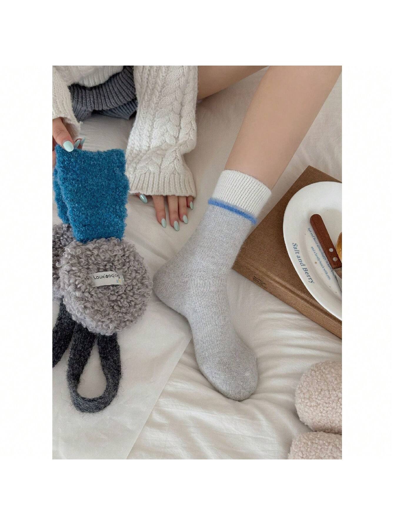 

Autumn Winter Thick Warm Cute Socks Korean Wool Stripe Designer Socks Middle Tube Kawaii Casual Harajuku Women Socks One Size