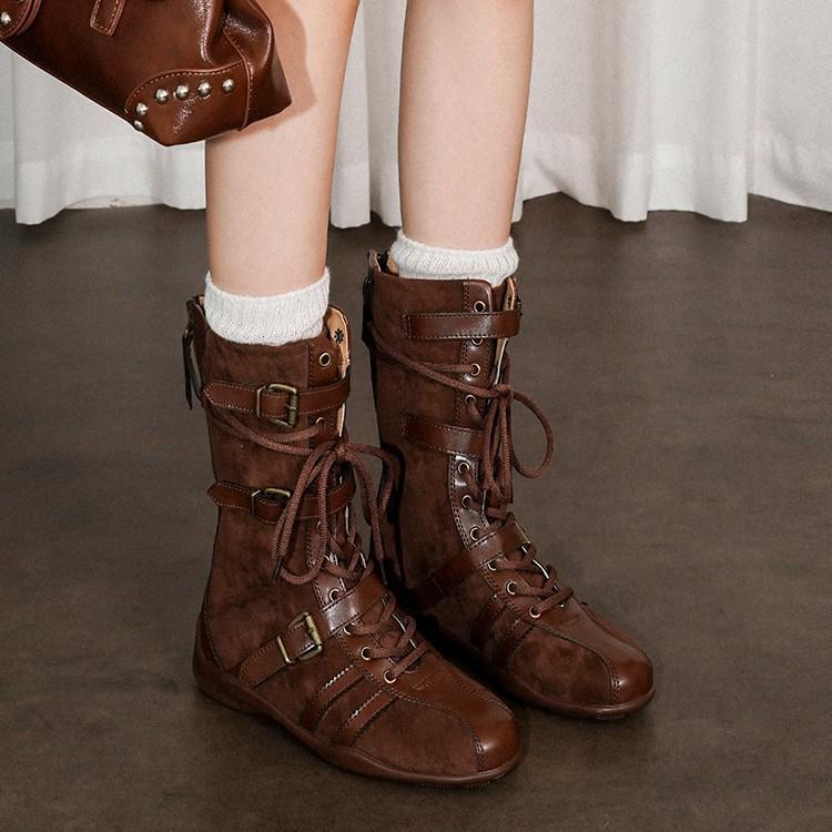 Sheepskin Version~ Retro Splicing Suede Boxing Boots Women's Fashion Niche Belt Buckle Lace-up Rear Zipper Martin Boots