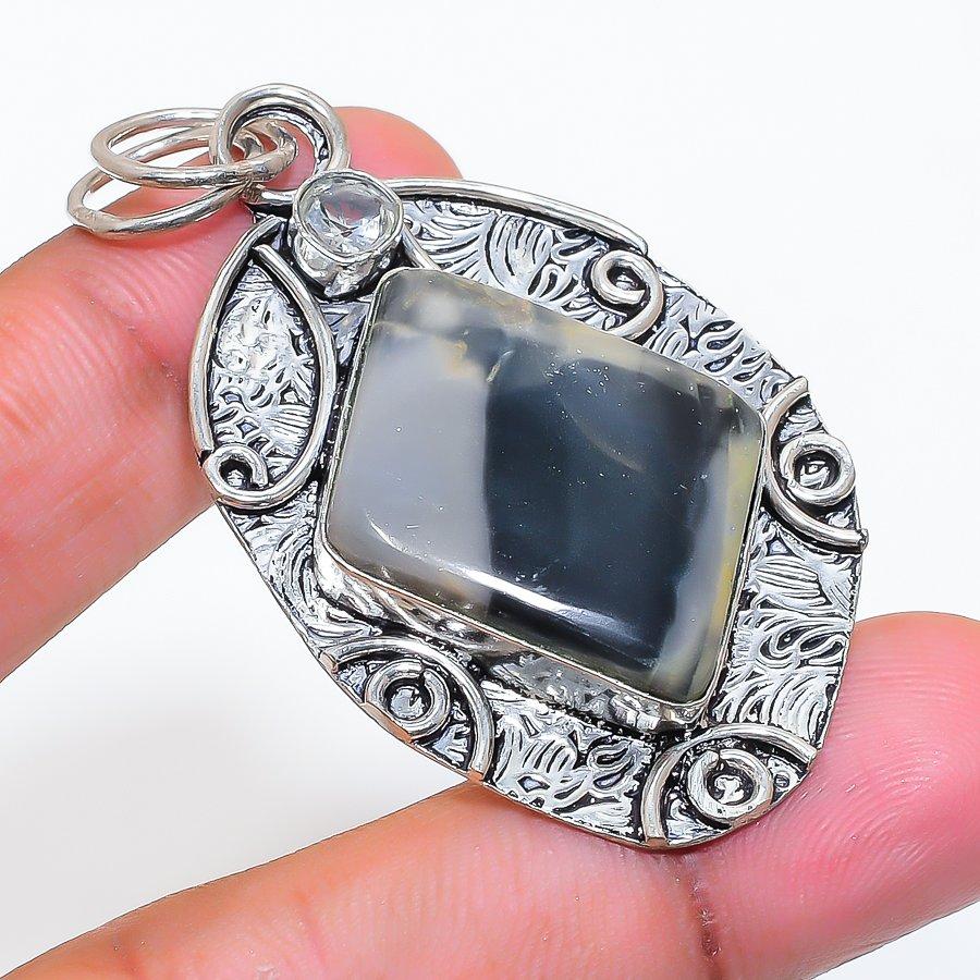 Natural Maligano Jasper, Topaz 925 Sterling Silver Jewelry Pendant 2.29" ZS-611