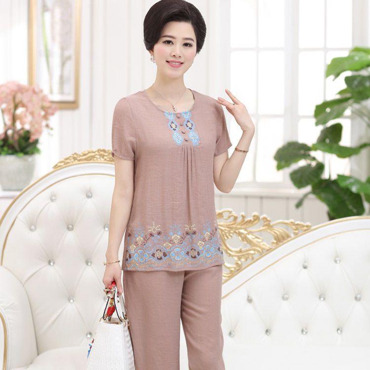 Pajamas for Women, Summer Short Sleeved Set for Middle-aged Mothers Two-piece Set for Home Wear, Can Be Worn Externally