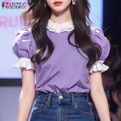 Women Casual Round Neck Puff Short Sleeve Contrast Color Ruffle Blouse
