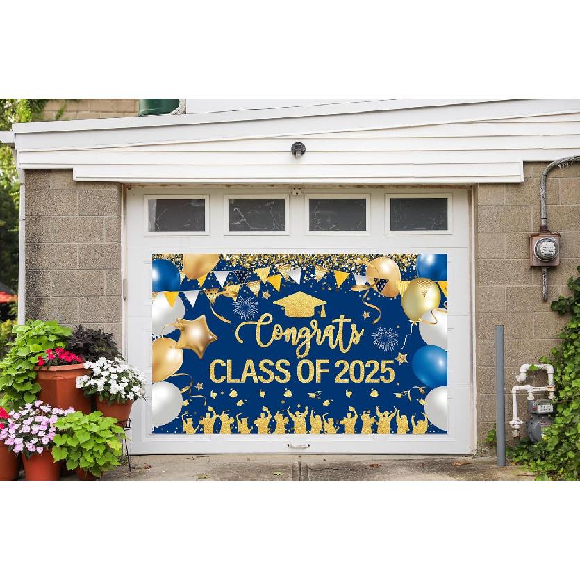 Congrats Class of 2025 Banner Blue Gold Graduation Decorations - Large 2025 Graduation Photo Backdrop, Navy Blue Congratulations Banner Grad Party