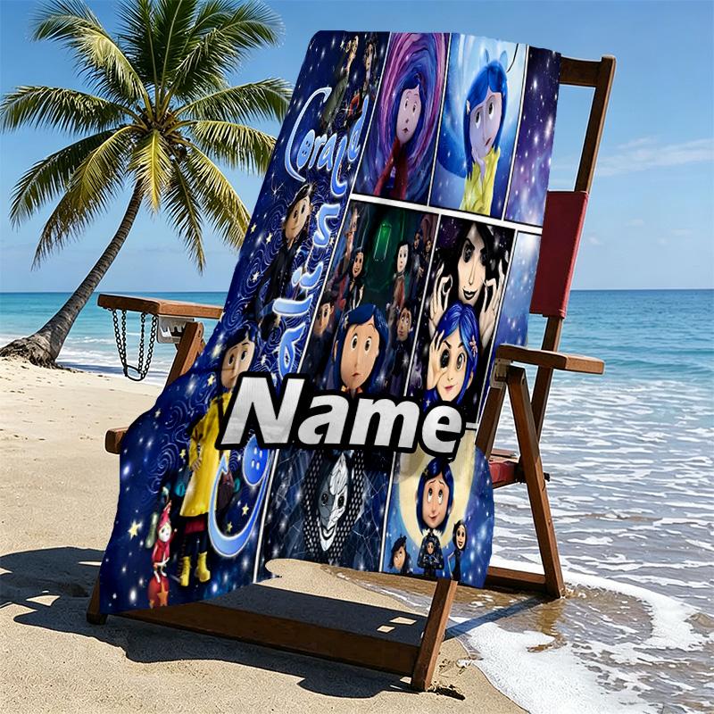 Custom Name Personalized Coraline Print Beach Towel, for Trip Camping Beach Party Home Decor, Birthday Gift for Family & Friends