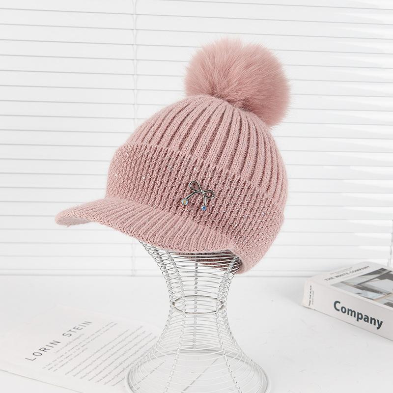 Winter New Duck Tongue Wool Hat Women's Thickened Warm Ear Protection Hairball Knitted Hat Cycling Cold Hat