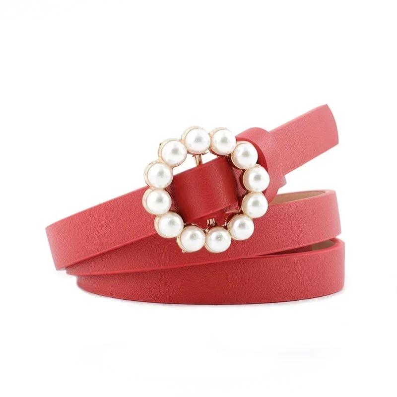 New Korean Fashion Versatile Women's Smooth Buckle Belt with Round Inlaid Decoration Pearl Belt Women's Clothing Accessories