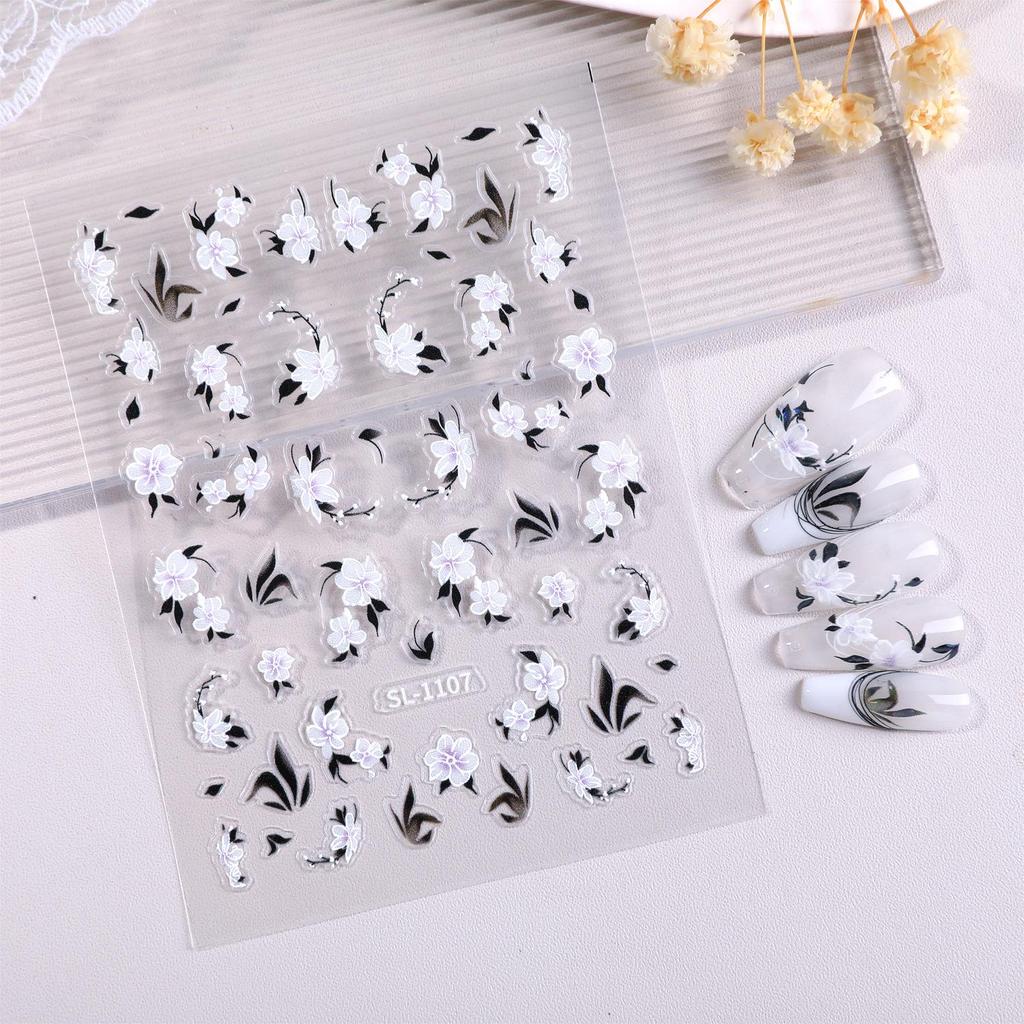 Aurora Bläck Blommiga 3D-Nagelklistermärken: Eleganta kinesiska stilreliefvita blomsterdekaler