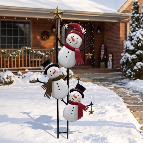 Rustic Snowman Yard Stake Vintage Metal Christmas Ground Stake, Distressed Sculpture with Three Climbing Snowmen Garden Sign for Outdoor Holiday