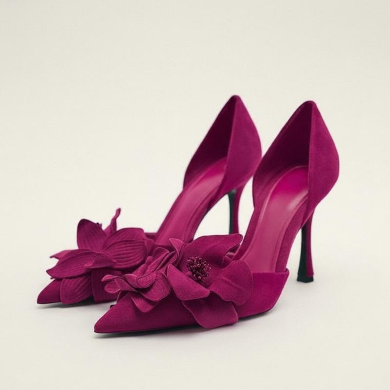 

rose red Suede High Heels Women Pointed Toe Stiletto Heels Pumps with 3D Flower Appliques Elegant Party Wedding Dress Shoes 36 розы красного