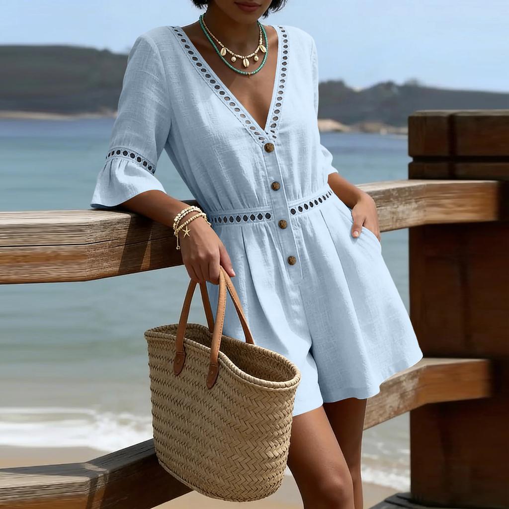 Kurze Overalls für Damen Tiefer V-Ausschnitt Ärmellos Jumpsuit Lockere Passform Arbeits-Overalls Festlich Lässig Sommer-Jumpsuits