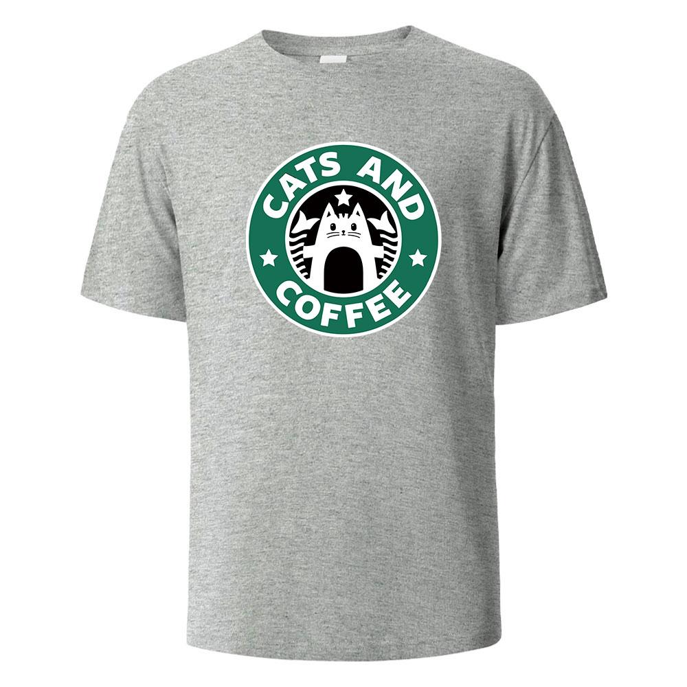 Cats And Coffee Street Funny TShirt For Men Fashion Casual Loose Cotton Clothing Crewneck Breathable Tshirt Hip Hop Tees