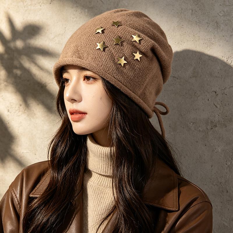 ins retro star knitted headgear women's thin lazy loose cold hat versatile casual pile hat