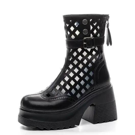 Fashion High Quality 10CM Genuine Leather Boots Chimney Sandals Hollow Ankle Booties ZIP Fashion Shoes Women Moccasins Summer Motorcycle