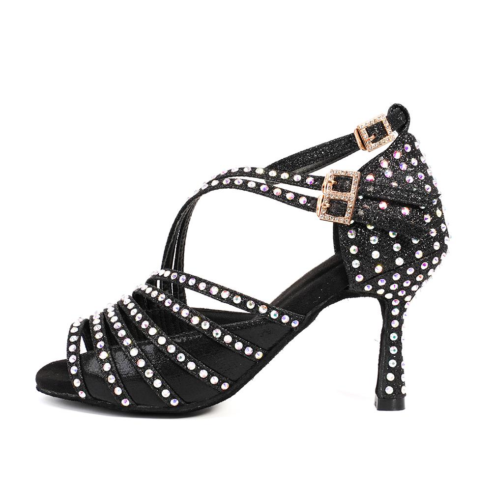 Women Latin Dance Shoes Shining Rhinestone Dancing Shoes Flare Heel 9cm Narrow Foot Adjust Width